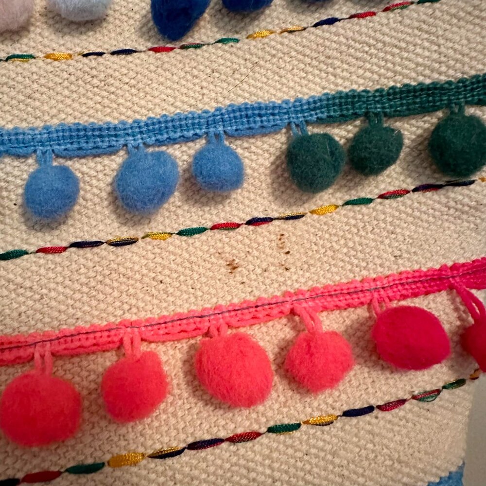 America & Beyond Canvas Tote Bag Pom Poms Bucket Style Purse Beach Boho - Picture 4 of 7